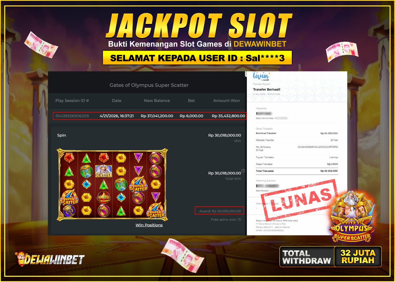 MWIN188 – JACKPOT SLOT GATES OF OLYMPUS SUPER SCATTER Rp 32.500.000,- LUNAS